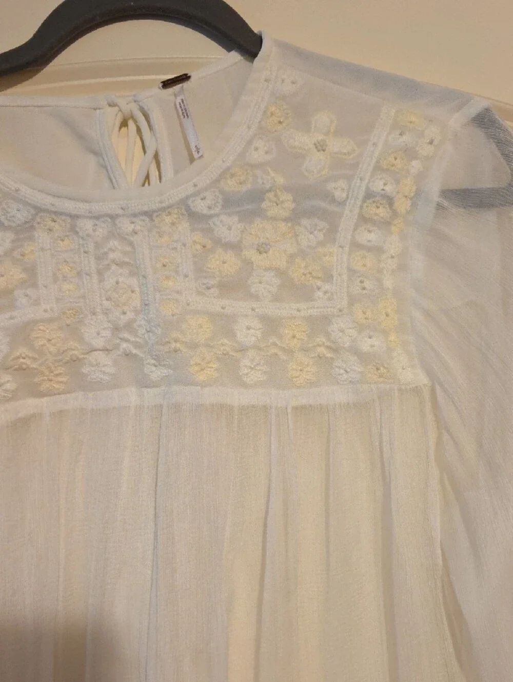Free People Ivory Gauze Peasant Blouse with Tassels